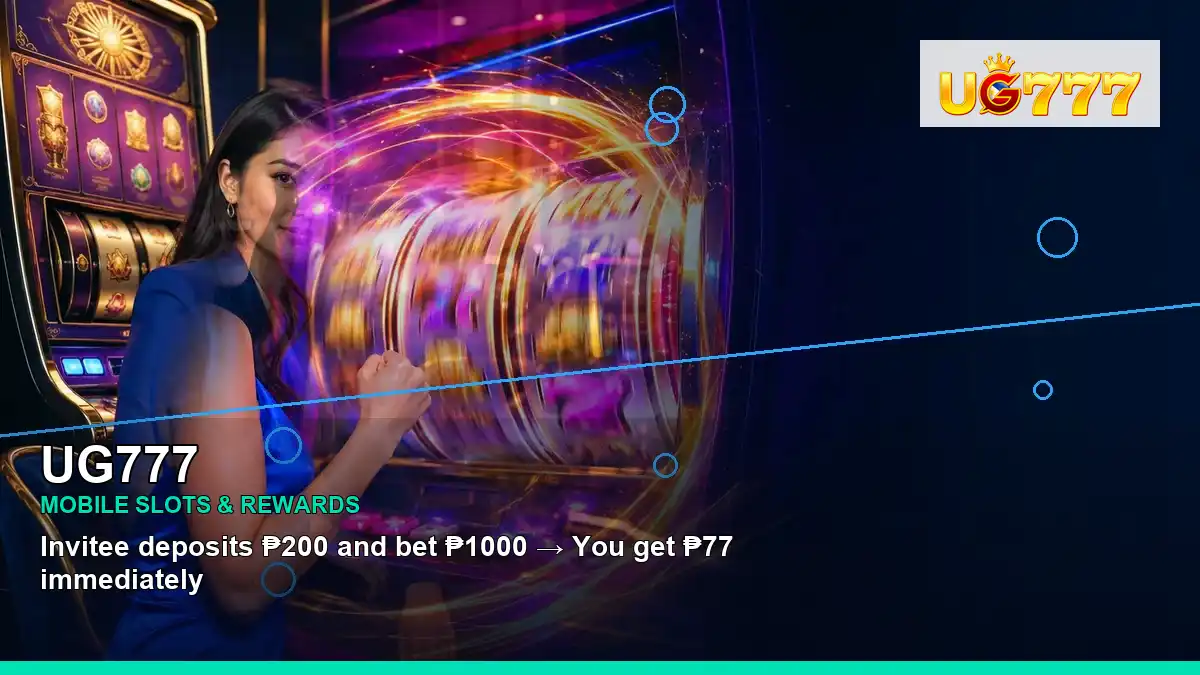 UG777 mobile casino app featuring an adult Filipina casino host with a left close-up composition