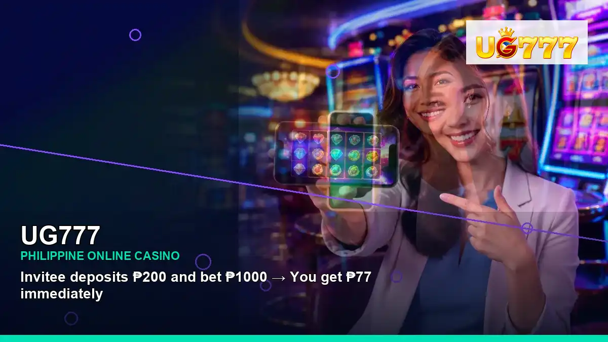 UG777 burst free spins slot games featuring an adult Filipina casino host with a right-framed composition
