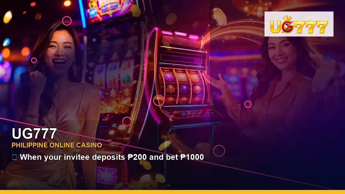 UG777 Philippines casino guide with left close-up neon jackpot slot games and an adult Filipina casino host