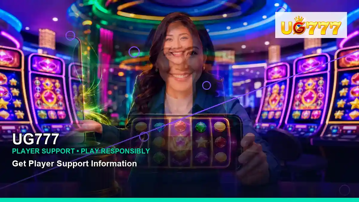 UG777 burst free spins slot games featuring an adult Filipina casino host with a centered composition