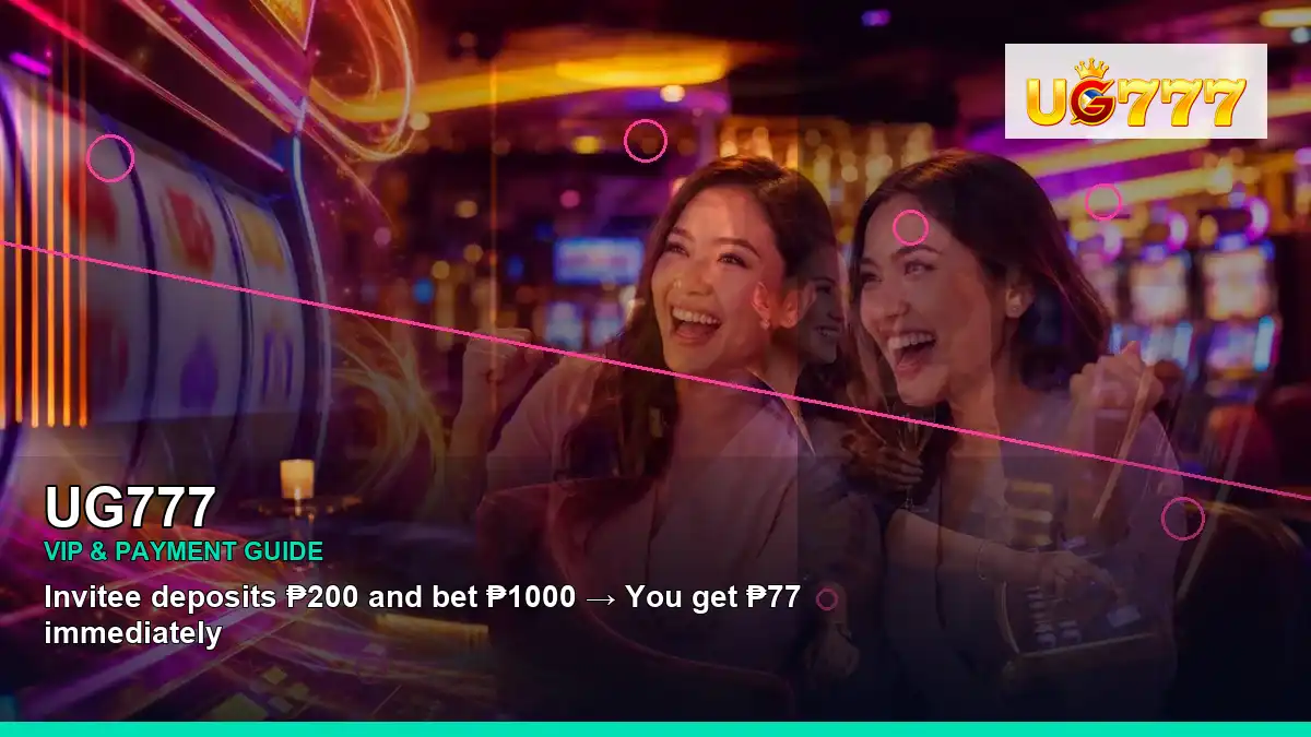 UG777 neon jackpot slot games featuring an adult Filipina casino host with a right-diagonal composition